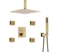 MAZHILIANG Sistema Doccia, Rubinetto Doccia termostatico in Ottone, Kit Doccia Completo con soffione a Pioggia da soffitto da 10-12 Pollici e 4 spruzzatori per Il Corpo, Set Doccia in Oro Spazzolato