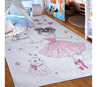 Mazovia Tappeto Salotto - Tapeto Stampato Pelo Corto - Morbido Tappeto Camera da Letto - Antiscivolo Tapeto EMMA - Tappeto Bambini Motivo Ballerina Gatto - Rosa Pink Grigio 80x150cm
