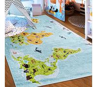 Mazovia Tappeto Salotto - Tapeto Stampato Pelo Corto - Morbido Tappeto Camera da Letto - Antiscivolo Tapeto EMMA - Tappeto Bambini Motivo Mappa del Mondo - Blu 140x200cm