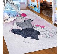 Mazovia Tappeto Salotto - Tapeto Stampato Pelo Corto - Morbido Tappeto Camera da Letto - Antiscivolo Tapeto EMMA - Tappeto Bambini Motivo Ragazze e un Gatto Motif - Rosa Pink Grigio 120x170cm