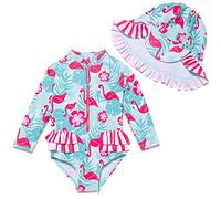 Mazuliso Baby Bambina UPF50+ Costume da Bagno Intero Maniche Lunga con Cerniera e Cappello(Flamingo,86-92 CM)