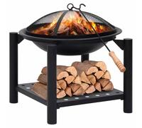 MBDRKVGF Braciere con attizzatoio e parascintille da giardino, nero | Design robusto in acciaio, con ripiano in legno, coperchio a griglia sicuro