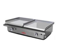 MBH - Fry top professionali a gas due zone 400x400+400x400 mm in acciaio laminato piastra lisciada economica da banco per cucine di bar e ristoranti.