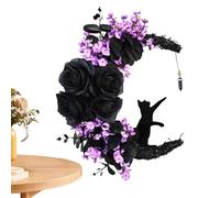 Mbiyhgta Corona di Halloween con luce - Corona di Porta di Gatto Halloween con luce | Black Cat Halloween Corona per la Porta d'ingresso, decorazioni di Halloween Luminose