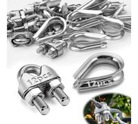 Mbsomnus 24 Pezzi Morsetti per Cavo Acciaio 5mm 12 Pezzi Morsetti Cavo Acciaio M5 e 12 Pezzi Ditale Cavo Acciaio Morsetti per Filo Stendibiancheria Forma di U Inox per Fune Metallica