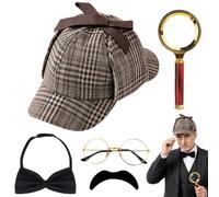 Mbuaopa 5PCS Accessori per Costume da Detective, Sherlock Holmes Costume, con Cappello da Detective, Occhiali, Baffi Finti, Lente d'ingrandimento, Papillon, Per Bambini Adulti Cosplay Carnevale