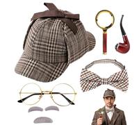 Mbuaopa 6PCS Accessori per Costume da Detective, Sherlock Holmes Costume, con Cappello da Detective, Occhiali, Baffi Finti, Lente d'ingrandimento, Papillon e Pipa, Per Bambini Adulti Cosplay Carnevale