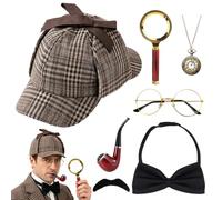 Mbuaopa 7PCS Accessori per Costume da Detective, Sherlock Holmes Costume, con Cappello da Detective, Occhiali, Baffi Finti, Lente d'ingrandimento, Papillon e Pipa, Per Bambini Adulti Cosplay Carnevale