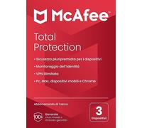 McAfee Total Protection 3 dispositivo 2025 12 mesi VPN sicura, software di sicurezza che include antivirus, gestore delle password, monitoraggio dell'identità Consegna postale