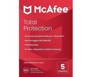 McAfee Total Protection 5 dispositivo 2025 12 mesi VPN sicura, software di sicurezza che include antivirus, gestore delle password, monitoraggio dell'identità Consegna postale