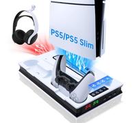 Mcbazel PS5/PS5 PRO/PS5 Slim Verticale Supporto di Raffreddamento, Stazione Ventola di Raffreddamento Regolabile con Supporto Cuffie,Stazione di Caricatore Doppio Controller Joystick per PS5 Slim/PS5