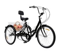 MccoMMon Bicicletta da 24 pollici a tre ruote per adulti, triciclo pieghevole a 7 marce, regolabile in altezza, con schienale e cestino, adatta per persone di mezza età e anziani