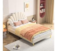 MCDSAJ Letto imbottito full size, struttura per letto matrimoniale con testiera simile a petali, struttura letto imbottita in velluto, gambe in metallo, supporto a doghe in legno (beige)