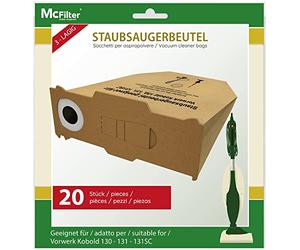McFilter I 20 sacchetti per aspirapolvere adatti ai modelli Vorwerk Folletto 130, 131 e SC, disco di copertura extra resistente con guarnizione in gomma e flangia robusta