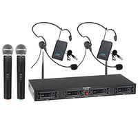 McGrey UHF-2V2H Wireless Mic Set: 4-channel UHF receiver, 2 handheld dynamic mics, 2 compact belt-pack transmitters, 2 headsets, 50m range, approx. 8-hour battery life.