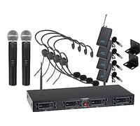 McGrey UHF-2V4H Set Microfoni Wireless Quad: ricevitore UHF 4 canali, 2 microfoni dinamici, 4 trasmettitori tascabili con clip, 4 headset, portata 50m, batteria 8 ore.