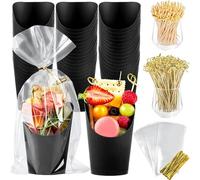MCHERRY 50 set di bicchieri da 396,9 g, abbinati a bastoncini, scatola singola, carta nera, bicchieri usa e getta per antipasti di frutta (50 tazze+200 cocktail con spine+50 sacchetti) (nero)