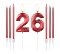 mciskin 26 candele rosse di compleanno, design 3D, numero 26, candele per torta con 6 candele lunghe/sottili, decorazione rossa per torta per 26° compleanno, decorazioni per 26° anniversario di