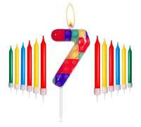 mciskin Candele di Compleanno con Mattoncini, Candele Numero 7 Rosse, Gialle, Verdi, Blu per Torta, Candele per Feste Pixel, Candele per Torta di Compleanno a Tema Mattoncini per Ragazzi Ragazze Decor