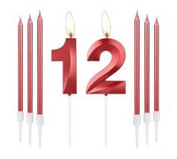 mciskin Candele per il 12° compleanno rosse - Candela numero 12 in design 3D per torta con set di 6 candele lunghe/sottili, topper per torta rossa per forniture di decorazioni per il 12° compleanno