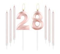 mciskin Candele per torta con 28 candele di compleanno in oro rosa, numero 28, con candele lunghe e sottili, topper per torta in oro rosa per ragazze, decorazioni per il 28° compleanno, decorazioni