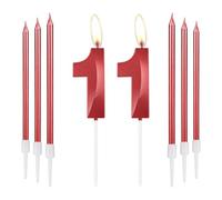 mciskin Candele rosse per 11 compleanno, design 3D, numero 11, per torta con 6 candele lunghe/sottili, decorazione rossa per torta per 11° compleanno, decorazioni per 11° anniversario di matrimonio