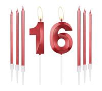 mciskin Candele rosse per 16° compleanno, motivo 3D, candela numero 16 per torta con 6 candele lunghe e sottili, decorazione rossa per torta per bambina, forniture per decorazione per 16° compleanno