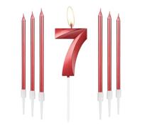 mciskin Candele rosse per 7 compleanno, design 3D, numero 7, per torta con 6 candele lunghe/sottili, decorazione rossa per torta per 7° compleanno, decorazioni per 7° anniversario di matrimonio