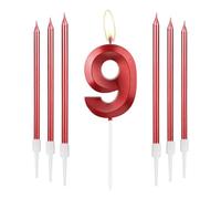 mciskin Candele rosse per 9 compleanno, design 3D, numero 9, per torta con 6 candele lunghe/sottili, decorazione rossa per torta per 9° compleanno, decorazioni per 9° anniversario di matrimonio
