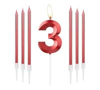 mciskin Candele Rosse per il 3° Compleanno - Design 3D Numero 3 per Torta con Set di 6 Candele Lunghe/Sottili, Topper per Torta Rosso per Decorazioni di Compleanno per Bambina, Decorazioni per il 3°