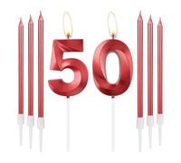 mciskin Candele Rosso 50° Compleanno - Design 3D Numero 50 per Torta con Set di 6 Candele Lunghe/Sottili, Topper Rosso per Torta per Donne, Forniture per Decorazioni 50° Compleanno, Decorazioni per 50