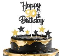 mciskin Decorazioni per 90° compleanno da uomo, decorazioni per feste nere e dorate, decorazioni personalizzate per torte/cupcake, glitterate, per 90° compleanno, per donne, uomini, bomboniere