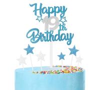 mciskin Decorazioni per feste blu e argento, decorazioni per il 19° compleanno di ragazze e ragazzi, decorazioni personalizzate per torte/cupcake per ragazzo, blu argento Happy 19° compleanno topper