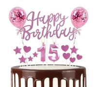 mciskin Decorazioni rosa per 15° compleanno per ragazza, candela 3D numero 15 per torta, topper per torta rosa per ragazze, decorazioni per torte glitterate per 15° compleanno, decorazioni per feste