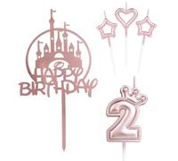 mciskin Happy 2° Compleanno Candeline Topper per Torta, Topper per Torta Castello Rosa, Corona Numero 2 Candele per Torta, Candele Rosa Topper per Torta Cupcake per Ragazze Festa di Compleanno per Ba