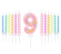 mciskin Macaron, set di candele per il 9° compleanno, decorazioni per il 9° compleanno delle ragazze, 12 candele a spirale pastello e numero 9 per torta, topper per torta arcobaleno per decorazione
