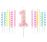 mciskin Macaron, set di candele per il primo compleanno, decorazioni per il primo compleanno delle ragazze, 12 candele a spirale pastello e numero 1 per torta, decorazione arcobaleno per feste a tema