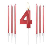 mciskin Rosso 4 Candele di Compleanno - Design 3D Numero 4 Candela per Torta con Set di 6 Candele Lunghe/Sottili, Rosso Topper di Torta per Decorazioni di Compleanno per Ragazza, Decorazioni per il 4°