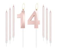 mciskin Set di 14 candele di compleanno in oro rosa, numero 14 per torta con candele lunghe e sottili, topper per torta in oro rosa per ragazze, decorazioni per il 14° compleanno, decorazioni per il
