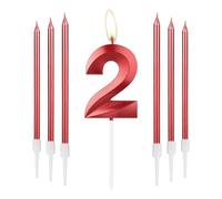 mciskin Set di 6 candele per compleanno rosse a forma di numero 2 per torta con 6 candele lunghe e sottili, decorazione per torta rossa per ragazza - Forniture per la decorazione del secondo
