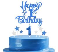 mciskin Set di decorazioni per torta per il primo compleanno, decorazioni per il primo compleanno per ragazzo, candela 3D numero 1 per torta, candele blu reale argento stella topper per cupcake per