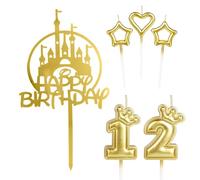 mciskin Topper per Torta con Candele per Torta di Buon 12° Compleanno per Ragazze, Topper per Torta Castello d'Oro, Corona Numero 12 Candele per Torta, Candele Topper per Torta Cupcake per Donne Deco