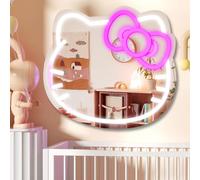 MCJSGSP Anime Hello Kit Specchio Neon Gatto, 30,5 x 24,5 cm Specchio Vanity con luci, Specchio da parete per camera da letto, Decorazione della stanza rosa e uno specchio per il trucco con luci