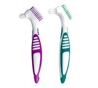 Mckkor Set di spazzole per la pulizia della protesi, setole multistrato e manico ergonomico in gomma, per la cura della protesi (viola e verde)