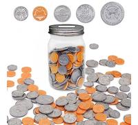 Mczxon - Monete di denaro per bambini, 250 monete di denaro false dettagliate con vaso di monete di muratore monete, gioco di monete di denaro realistico insegnamento, giocattolo di plastica, monete