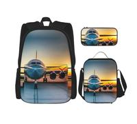 MDATT Aereo al tramonto Zaini studio zaino con portapranzo astuccio in tela borsa da viaggio per studenti elementari, Nero , Taglia unica, Set di zaini per la scuola