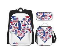 MDATT America Independence Day - Zaino con motivo a cuore e scatola per il pranzo, zaino anime, borsa per la scuola, set per tre, Nero , Taglia unica, Set di zaini per la scuola