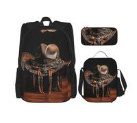 MDATT American West Rodeo Hat Zaini da studio con portapranzo astuccio in tela borsa da viaggio per studenti elementari, Nero , Taglia unica, Set di zaini per la scuola
