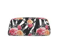 MDATT Astuccio in pelle con stampa a righe zebrate con rose e fiori e zebra, per studenti, con cerniera, per penne, matite, pennarelli, Oro, Taglia unica, Astuccio per trucchi