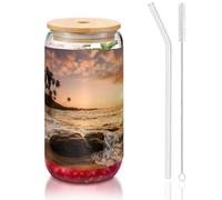 MDATT Beach Sunset 3 bicchieri con coperchio e cannucce, con stampa di 3 bicchieri da acqua per succhi, birra, caffè, tè